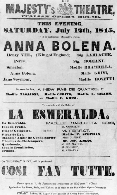 女王陛下の劇場のためのプレイビル、イタリアオペラハウス、1845年（印刷された紙） 作： English School
