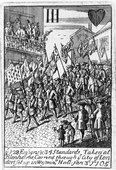 1705年1月3日、ロンドン市で運ばれたブレナムで撮影された旗と規格を描いたトランプ 作： English School