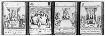 アン女王の治世初期の出来事を描いたトランプで、スペイン継承戦争（1702-13）を記念したセットから 作： English School