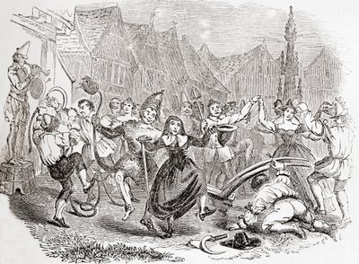 プラウ・マンデー・セレブレーション、ベッシーとピエロのダンス、オールド・イングランドより：A Pictorial Museum, pub.1847 作： English School