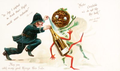 警察巡査がクリスマスプディングとワインのボトル、クリスマスカードを追いかけて 作： English School