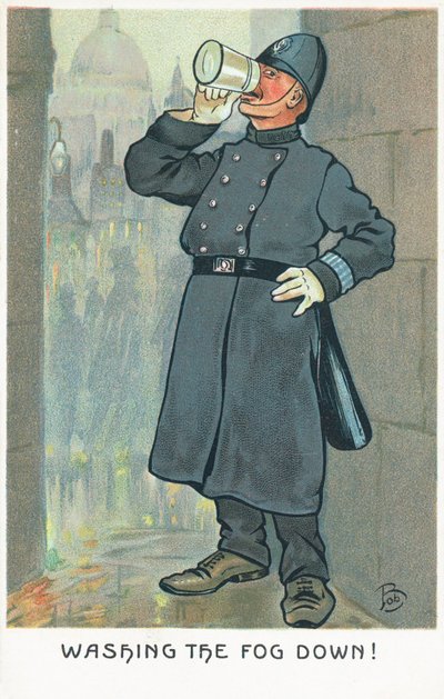 パイントグラスから飲む警官 作： English School