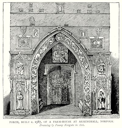 ノーフォーク州アーミングホールの農家のポーチ（1587年頃の建築）（エングレーヴィング 作： English School
