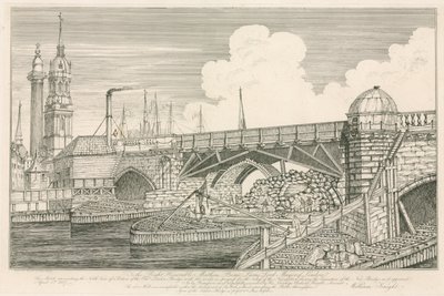 1827年に建設工事中に描かれたオールドロンドンブリッジの一部 作： English School