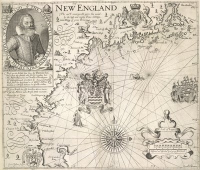 キャプテン・ジョン・スミスの肖像. ジョン・スミス著「A Description of New England: or the Observations…」に掲載されているニュー イングランドの海岸の写真 作： English School