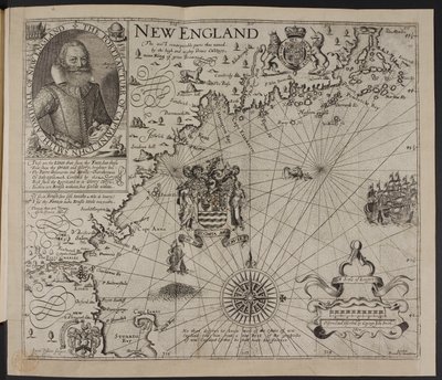 キャプテン・ジョン・スミスの肖像. ジョン・スミス著「A Description of New England: or the Observations…」に掲載されているニュー イングランドの海岸の写真 作： English School