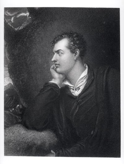 ロッチデールの第6代バイロン卿ジョージ・ゴードン（1788-1824）の肖像（エングレーヴィング）（モノクロ写真 作： English School
