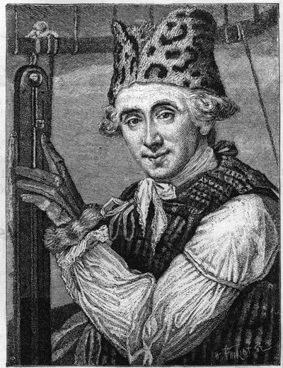 アメリカの物理学者、ジョン・ジェフリーズ（1745-1819）の肖像。1785年に熱気球で英仏海峡を横断した際に着用した航空服で表現されている。1786年に出版されたイギリスの版画より）。(ティサンディエ・コレクション)" の刻印 作： English School