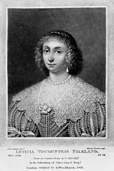 1815年にリチャードアーロムとチャールズターナーが描いた「イギリスの歴史に描かれた人物」からの子爵夫人フォークランド夫人の肖像 作： English School