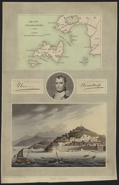 ナポレオンボナパルトの肖像画と地図とエルバの景色 作： English School