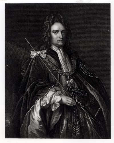 ロバートハーレーの肖像、最初のオックスフォード伯爵（1671-1724）（彫刻）（bw写真） 作： English School