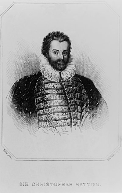 1823年の「ロッジの英国の肖像」からのクリストファーハットン卿（1540-91）の肖像 作： English School