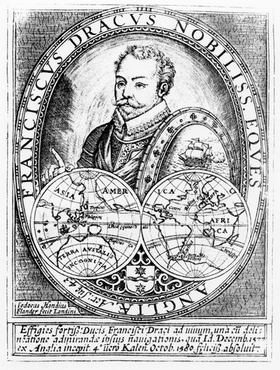 ジョドクスホンディウス（1567-1611）によって彫刻された43歳のサーフランシスドレイク（c.1540-96）の肖像 作： English School