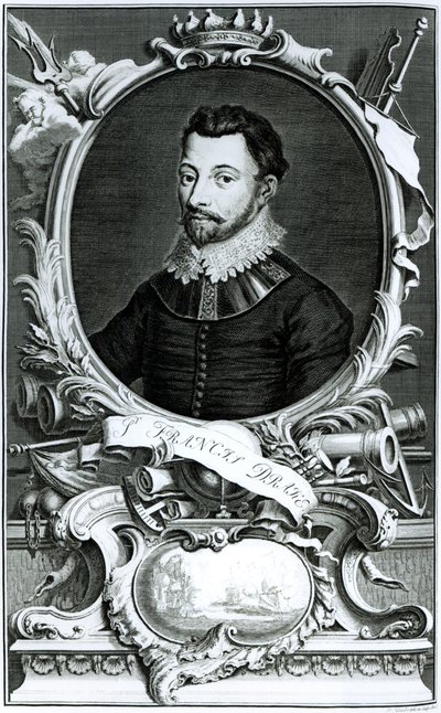ジェイコブスウーブラケン（1698-1780）によって彫刻されたサーフランシスドレイク（c.1540-96）の肖像（彫刻）（bw写真） 作： English School