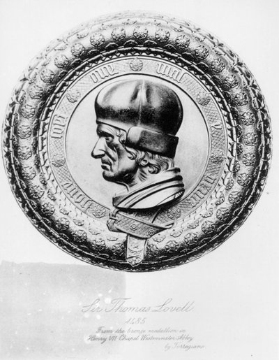 1485年のThomas Lovell卿（1524年没）の肖像（Henry VII Chapel Westminster Abbeyのブロンズメダルより、Torregianoによるリトグラフ（モノクロ写真 作： English School