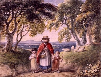森の風景の中の女性と二人の子供の肖像」1820年頃（紙に水彩画） 作： English School