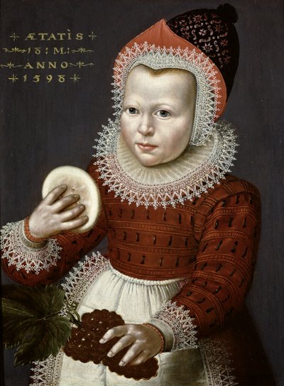 パンとブドウを持った少女の肖像画、1598 作： English School