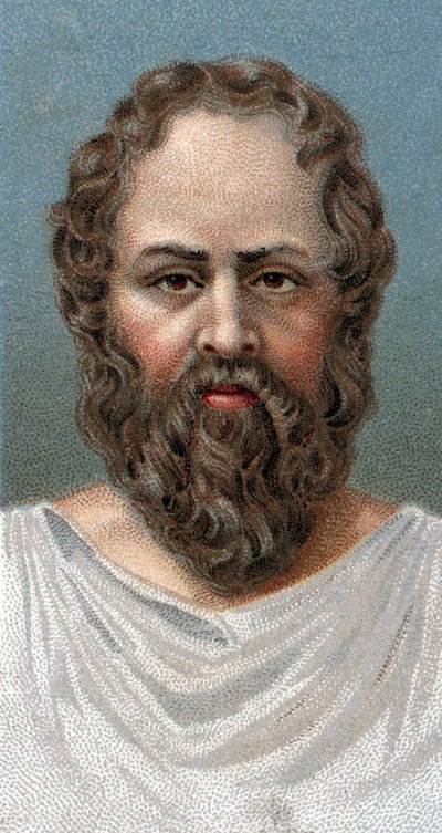 ギリシャの哲学者ソクラテス（紀元前469～399年）の肖像 ソクラテス - - シリーズ「人間の指導者たち」より - クロモリトグラフ - イギリスの学校、20世紀 - 。 作： English School