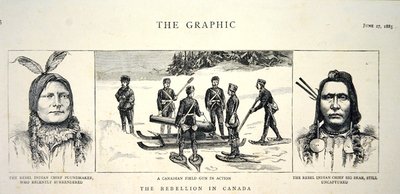 1885 年 6 月 27 日に「The Graphic」に掲載された、反乱軍の酋長パウンドメーカーとビッグ ベアの肖像 (リソ) 作： English School