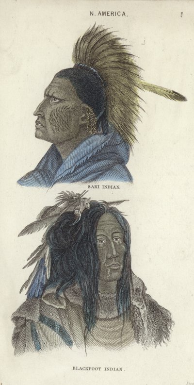 サキ族インディアンとブラックフット族インディアンの肖像画（カラー彫刻） 作： English School