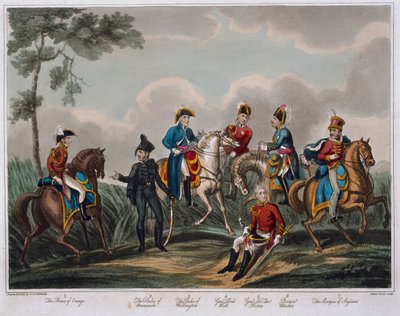 1817年にM.コルバーンによって発行された、ウォータールーの戦いの歴史的記述からの将校たちの肖像（アクアチント色） 作： English School