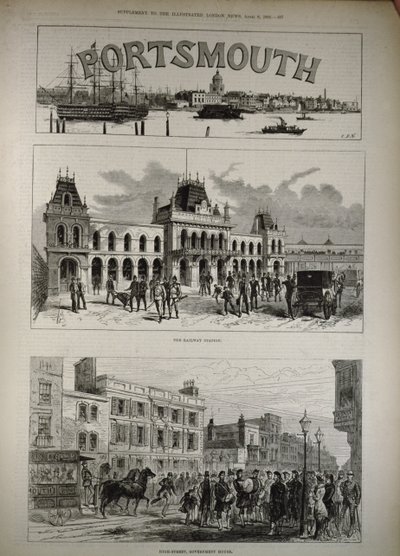 ポーツマス：1882年4月8日、「イラストレイテッドロンドンニュース」の駅とハイストリート、ガバメントハウス 作： English School