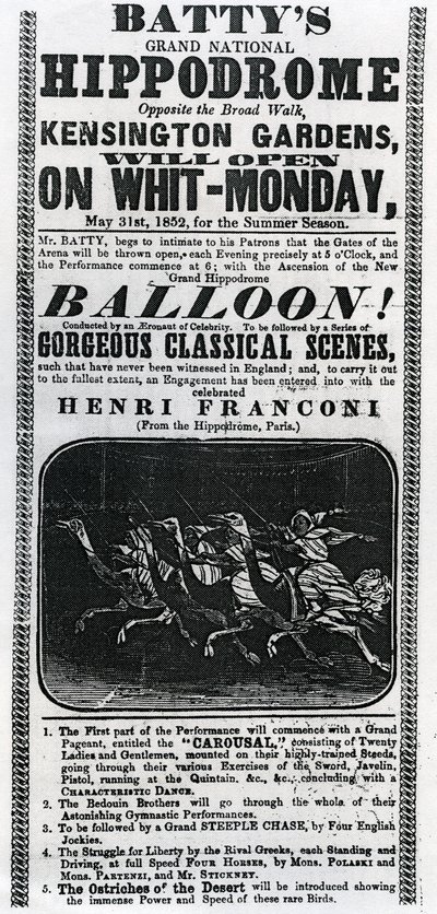 「バッティの大国立競馬場」の広告ポスター、1852年（印刷された紙） 作： English School