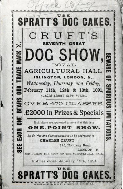 1891年にロンドンのイズリントンにある王立農業ホールでのクルーフトドッグショーの広告ポスター 作： English School