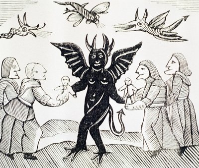 悪魔に子供たちを紹介する、esotericaのチャプブックのコレクションで使用された森の魔女のイラストのコピー 作： English School
