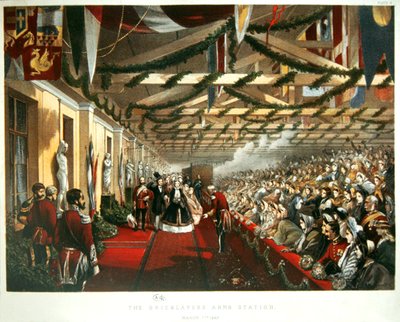 1863年3月7日、デンマークのアレクサンドラ王女が、未来の夫であるプリンス・オブ・ウェールズと共にロンドンのブリックレイアーズ・アームズ・ステーションに到着。1863年（カラーリトグラフ） 作： English School