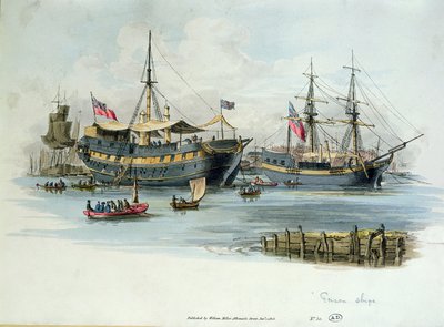 1805年、ナポレオン戦争中にイギリス人がフランスの囚人を収容するために使用した刑務所船（色の彫刻） 作： English School
