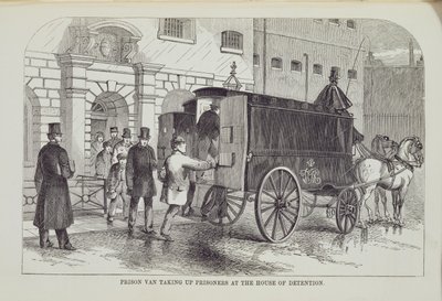 ロンドンの刑務所刑務所とヘンリーメイヒュー（1812-87）とジョンビニーによる刑務所の生活の場面から、拘置所で囚人を取り上げた刑務所ヴァン、1862年 作： English School