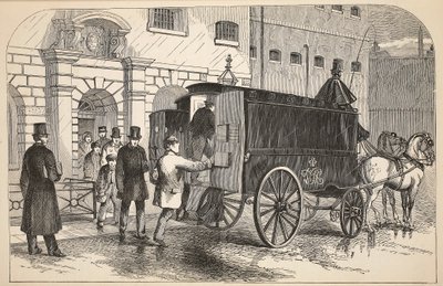 拘置所で囚人を捕まえている刑務所バン、ロンドンの刑務所刑務所のイラスト、ヘンリーメイヒューとパブのジョンビニーによる刑務所生活のシーン。 1862 作： English School