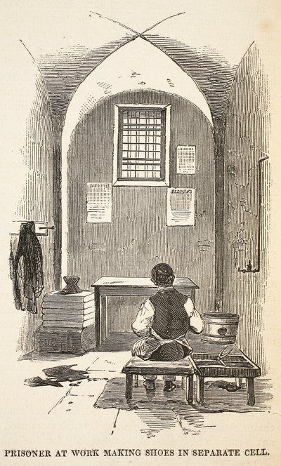 別のセルで靴を作る作業中の囚人、ロンドンの刑務所刑務所のイラスト、ヘンリーメイヒューとパブのジョンビニーによる刑務所生活のシーン。 1862 作： English School