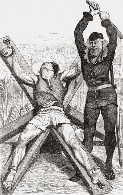 セントアンドリュースクロスで拷問を受けている囚人、1865年頃（木の彫刻） 作： English School