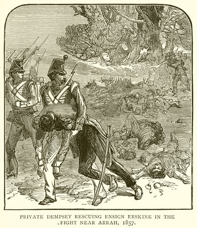 1857年、アラ近くの戦いでアースキン少尉を救出した民間デンプシー 作： English School