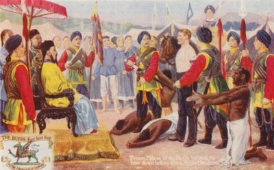 中国のマンダナの前で頭を下げることを拒否するバフスのメイス一等兵（カラーリトグラフ） 作： English School