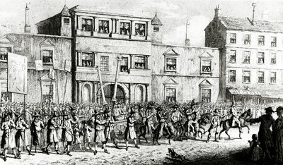 ロンドンでフリーメーソンをあざける1741年の行列、1843年 作： English School