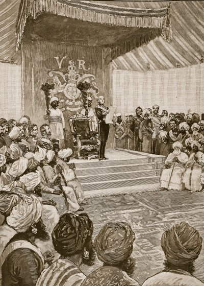 1877年のインドの女王としての女王の宣言、Cassells Illustrated History of England（sepia photo）のイラスト 作： English School