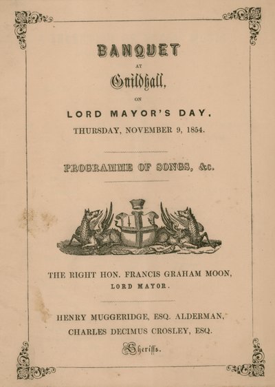 1854年11月9日、ロンドンのギルドホールでの宴会プログラム 作： English School