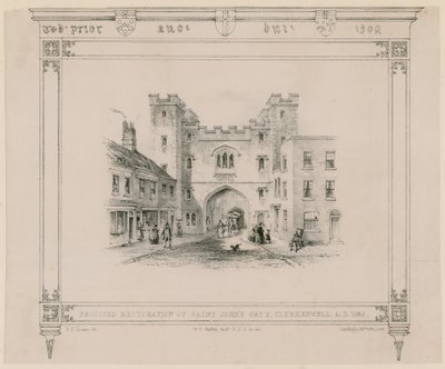 1845年、クラーケンウェルのセントジョンズゲートの修復案 作： English School