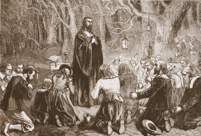 砂漠の教会で夜に崇拝するプロテスタント、ジェームスエイトケンワイリー（1808〜1890年）の「プロテスタンティズムの歴史」のイラスト（パブ）。 1878 作： English School