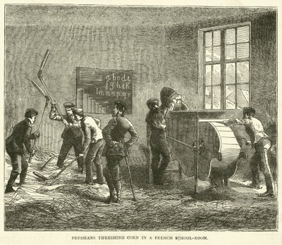 1870年9月、プロイセン人がフランスの学校の部屋でトウモロコシを脱穀 作： English School