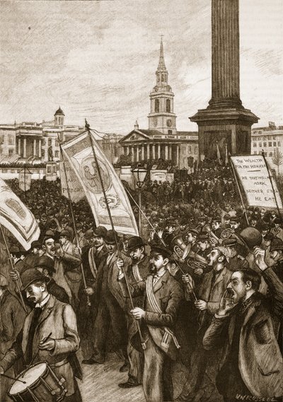 1892年ブラッディサンデーを記念したトラファルガースクエアでの公開会議、イギリスのカッセルズイラストレイテッドヒストリーからのイラスト（セピア写真） 作： English School
