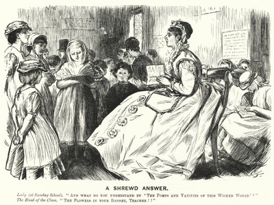 パンチの漫画。A Shrewd Asnwer - Victorian Sunday school scene (in engraving) 作： English School