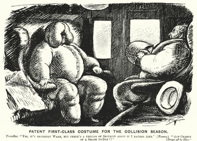 パンチの漫画。衝突の季節のための特許第一級コスチューム-鉄道での安全性（エングレーヴィング 作： English School
