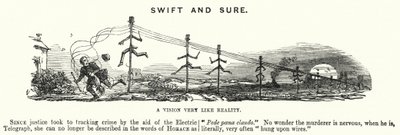 パンチの漫画。Swift and Sure - 犯罪追跡のための電気電信の使用（エングレーヴィング 作： English School