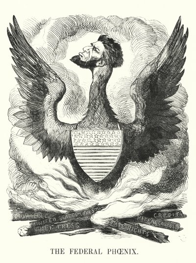パンチ・カートゥーンThe Federal Phoenix - 1864年のアメリカ大統領選挙でのエイブラハム・リンカーンの再選（エングレーヴィング 作： English School