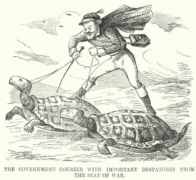 パンチの漫画。The Government Courier with Important Despatches from the Seat of War (e.g. The Government Courier with Important Despatches from the War) 作： English School