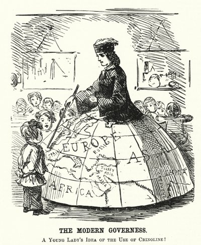 パンチの漫画。The Modern Governess - Wide hoop skirt serving as a geography teaching aid (Engraving) 作： English School